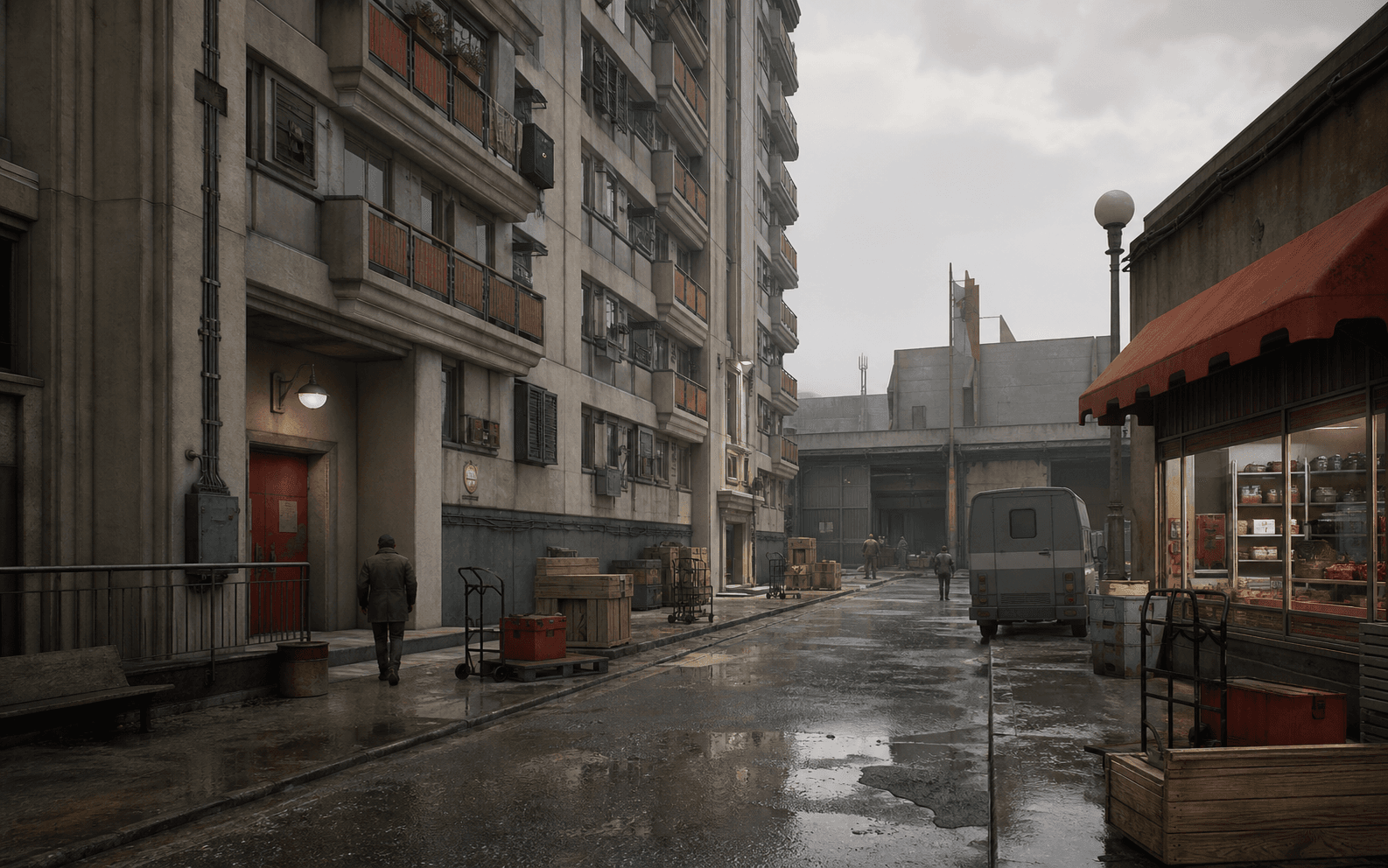 A rain-soaked Korvain street connecting apartments, a neighborhood store, and a working warehouse.
