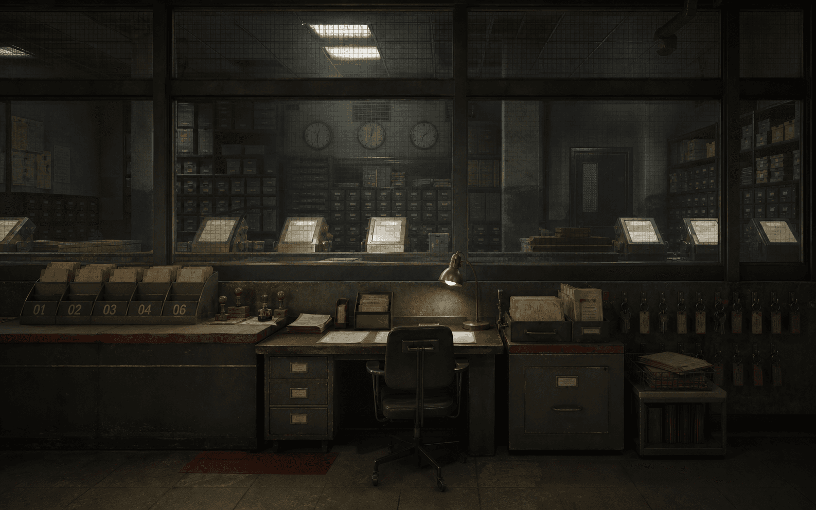 Korvain's municipal records office, with controlled keys, document trays, and archive drawers.